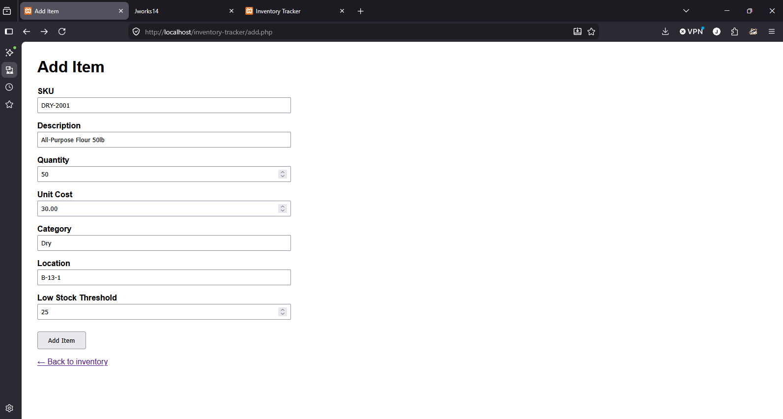 Add Item form with SKU, Description, Quantity, Unit Cost, Category, Location, and Low Stock Threshold fields